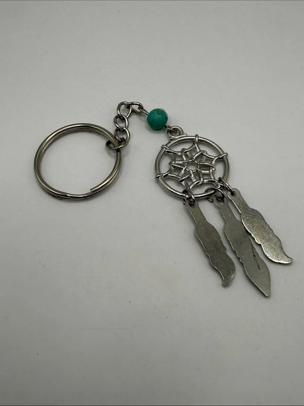 Southwestern Silver Tone Turquoise Blue Feather Dreamcatcher Keychain
